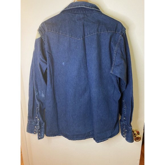 Vintage Men’s Sanforized Pearl Snap Denim Shirt Be Wise Be Satisfied Distressed - Picture 8 of 12